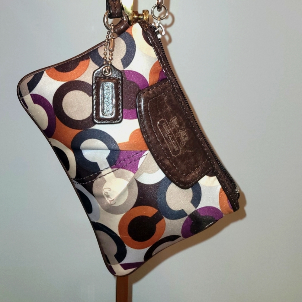 COACH Scarf Print Signature Sateen Wallet Wristlet Clutch Multicolor Logo Op Art